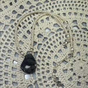 Black druzy stone and Cream freshwater pearl Necklace adjustable length